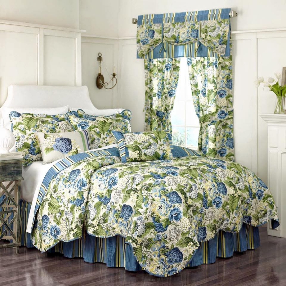 Waverly 2 Quilted Flower Blue Yellow Green Hydrangeas Cotton Shams.